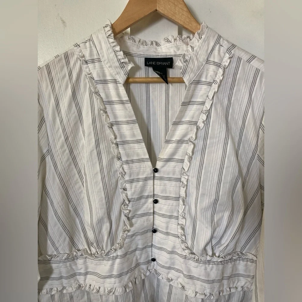 LANE Bryant ruffled popover blouse button cuffs striped